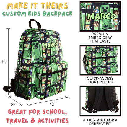 Personalized Minecraft Backpack for Kids | Custom Name Embroidered Bookbag (16 Inch)