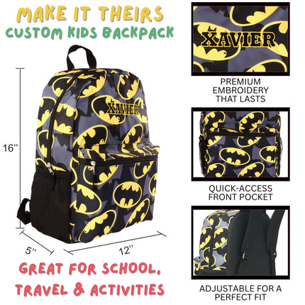 Personalized Batman Backpack for Kids | Custom Name Embroidered Bookbag (16 Inch)
