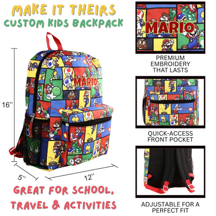 Personalized Super Mario Backpack for Kids | Custom Name Embroidered Bookbag (16 Inch)