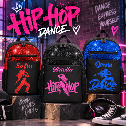 Personalized Hip Hop Dance Backpack with Custom Name & Glitter Accents