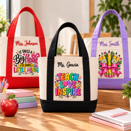 Personalized Teacher Mini Tote Bag – Custom Embroidered Name