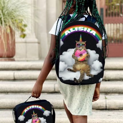 Personalized Full Color Backpacks, Lunch Bag, Duffel Bag, or Water Bottle - Cat With Donut