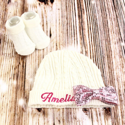 Personalized Baby Girl's Knit Hat & Booties Set