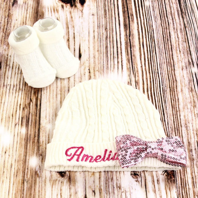 Personalized Baby Girl's Knit Hat & Booties Set