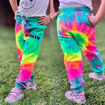 Personalized Neon Tie Dye Fleece Jogger Pants - Rainbow/Mint